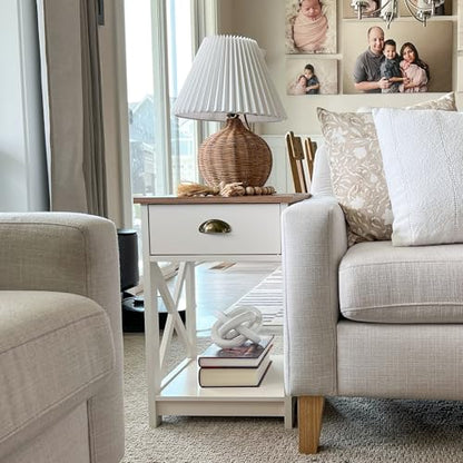 PHI VILLA End Table Living Room Set of 2, White Bedside Table with Drawers | Wood Side Table with Drawer, Farmhouse Bed Side Tables Living Room, Rustic Nightstand for Bedroom, Small Couch Table - color: Ivory 1