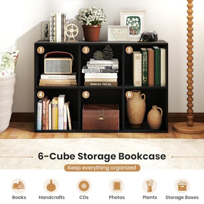 Giantex 6-Cube Bookcase, 3-Tier Cubby Bookshelf, Horizontal Vertical Display Rack with Anti-Tipping Kits, Modern Storage Organizer Shelf Unit for Bedroom, Living Room, Study Room, Black | Horizontal Vertical Display Rack with Anti-Tipping Kits, Modern Sto