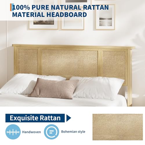 GarveeHome Full Bed Frame with Natural Rattan Headboard, Sturdy Metal Base with Durable Wooden Slats, Boho-Style Cane Mattress Support, No Box Spring Needed