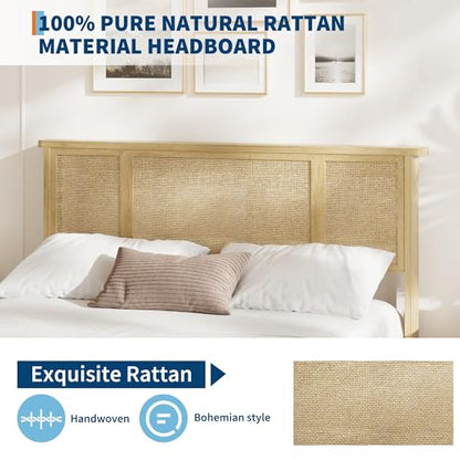 GarveeHome Full Bed Frame with Natural Rattan Headboard, Sturdy Metal Base with Durable Wooden Slats, Boho-Style Cane Mattress Support, No Box Spring Needed