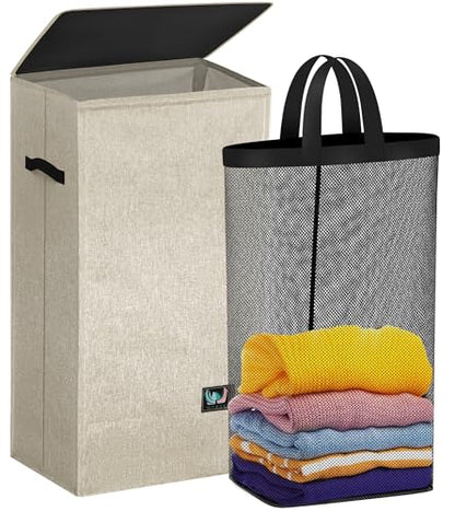 WTREE Laundry Hamper with Lid, Reinforced Sturdy Clothes Hamper with Anti-Puncture Base, Large Collapsible Laundry Basket with Removable Liner Bag, Tall Dirty Clothes Bin for Family, 100L Beige - color: Beige