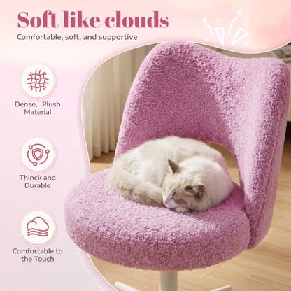 DurayLoly Vanity Chair with Wheels & Open Back,Light Purple | Soft Teddy Fabric, Armless, 6" Thick Cushion, Height Adjustable, 300 lbs, 360° Swivel for Vanity Table, Home Office - color: Light Purple