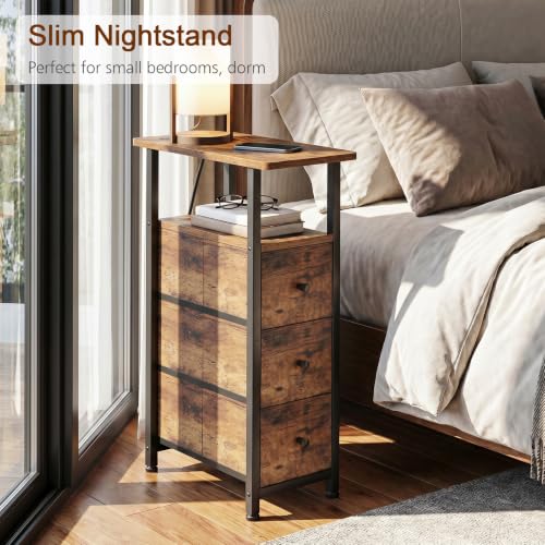 Narrow End Table with Charging Station, Small Nightstand | Skinny Side Tables Living Room with 3 Fabric Drawers, Slim Bedside Table for Bedroom, Small Spaces, Couch, Brown - color: Rustic Brown, size: 27.55''H (3 Drawers), style: Power
