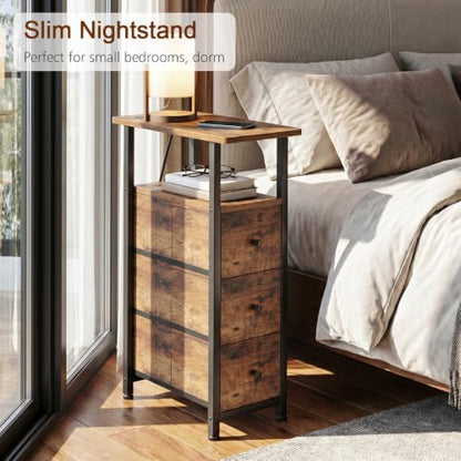 Narrow End Table with Charging Station, Small Nightstand | Skinny Side Tables Living Room with 3 Fabric Drawers, Slim Bedside Table for Bedroom, Small Spaces, Couch, Brown - color: Rustic Brown, size: 27.55''H (3 Drawers), style: Power