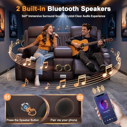 Home Theater Seating, Power Loveseat Recliner Sofa with Massage & Heat | Wall Hugger Reclining Loveseat with USB, RV Couch with LED Lights, Flip Backrest, Cup Holders for Movie Theater, Gaming Room - color: Brown, size: 72" - 2 Seats