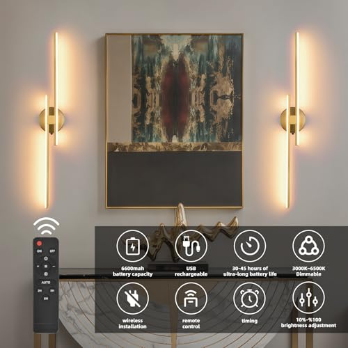 Battery Operated Wall Sconce Set of 2,Gold 31.4" 3000K-6500K LED Dimmable Wall Sconces with Remote Control,Wireless Wall Light USB Rechargeable for Bedroom Hallway Living Room Background Wall Lighting - color: Gold, size: 31.4" 2-Pack