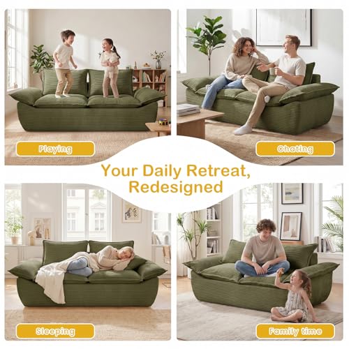 56" Boneless Loveseat, 2-Seater Green Boneless Sofa with Removable Cushions & 2 Pillows, Small Boneless Couch Deep Seat Compress Foam Sofa for Living Room, Apartments, & Office - color: Green, size: Loveseat（56")