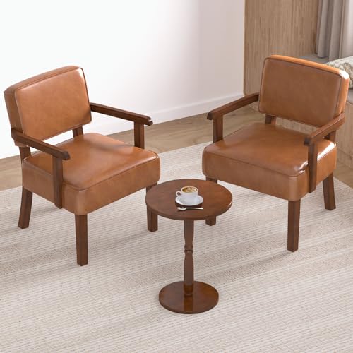 Accent Chairs Set of 2, 2 Solid Wood Armchairs with Side Table | Faux Leather Chair with Soft Thicken Cushion, Comfy Reading Chair for Bedroom, Waiting Room, Home Office, Easy Assembly - color: Faux Leather Brown, size: Set of 2 with table