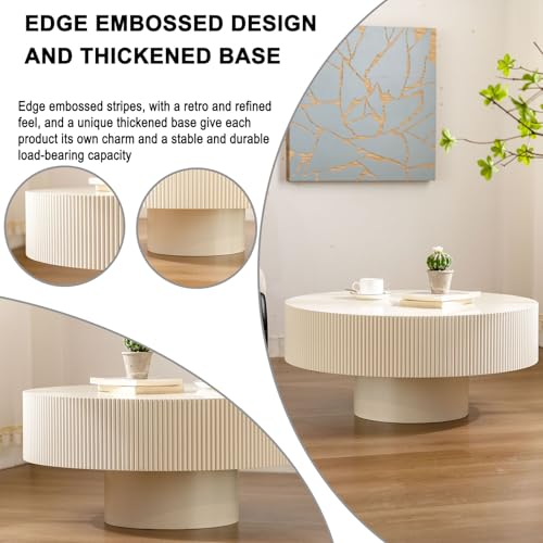 Round Fluted Drum Coffee Table with Pedestal Base | 30.9'' Modern White Wooden Drum Center Table, Handcrafted Wood Fluted Edge, For Living Room & Apartment - color: White Thick