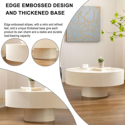 Round Fluted Drum Coffee Table with Pedestal Base | 30.9'' Modern White Wooden Drum Center Table, Handcrafted Wood Fluted Edge, For Living Room & Apartment - color: White Thick