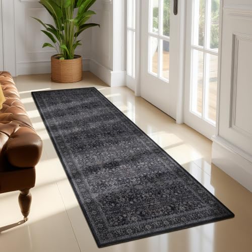 Dark 2x6 Runner Rug for Hallways Entryway, Vintage Earth Tone Kitchen Bathroom Runner 6ft, Non Slip Washable Low Pile Thin Carpet Runner for Mudroom/Laundry Room/Bedroom Bedside, Midnight - color: Dark/Black/Red/Blue, size: 2' x 6' (Runner)