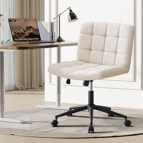 Furnimart Swivel Criss Cross Legged Chair with Wheels for Home Office, Wide Armless Desk Chair Height Adjustable Comfy Seat for Desk,Vanity, Bedroom, Beige - color: Linen-beige