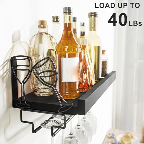 Love-KANKEI Wine Rack with Stemware Hanger,Solid Wood/Bracket,17inch,Black | Wine Glass Rack,Floating Wall Shelf,Easy to Install,40 Lbs/shelf,For Kitchen,Dinning Room,Home Bar,Living Room,Elegant Design - color: Pitch Black