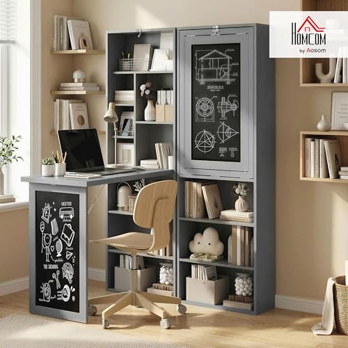 HOMCOM Foldable Desk Wall Mounted Convertible Table for Small Spaces, Gray | Wall Mounted, Space-Saving, Chalkboard, Storage Shelves, for Small Spaces, Home Office, Bedroom, Dorm, Apartment - color: Charcoal Gray