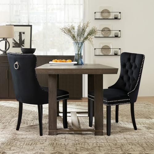 Velvet Upholstered Dining Chairs Set of 2, Modern Style Kitchen Side Chairs with Nailhead Trim and Wood Legs,Metal Pulling Ring for Dining Room Living Room(Black,Set of 2) - color: Black, size: Set of 2