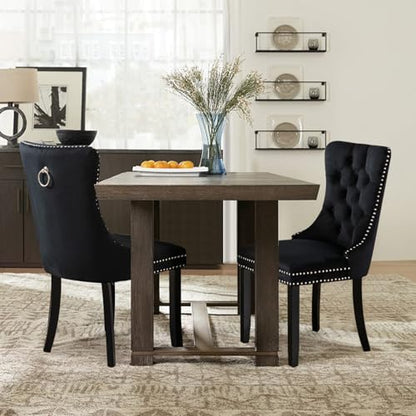Velvet Upholstered Dining Chairs Set of 2, Modern Style Kitchen Side Chairs with Nailhead Trim and Wood Legs,Metal Pulling Ring for Dining Room Living Room(Black,Set of 2) - color: Black, size: Set of 2