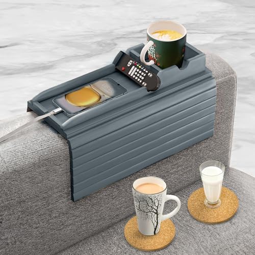 Bamboo Couch Cup Holder, 2 Cork Coasters, Anti-Slip Foldable Couch Arm Tray | 2 in 1 Foldable Sofa Arm Tray, Couch Armrest Table, Anti-Spill Couch Arm Table for Drinks TV Remote Cellphone Snacks - color: Gray