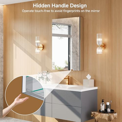24" x 36" Bathroom Medicine Cabinet with Mirror, Recessed or Wall Mount | Medicine Cabinets with Adjustable Glass Shelves, Soft-Closed Hinge, Chrome Aluminum Frame, Reverse Installation - size: 24" x 36"
