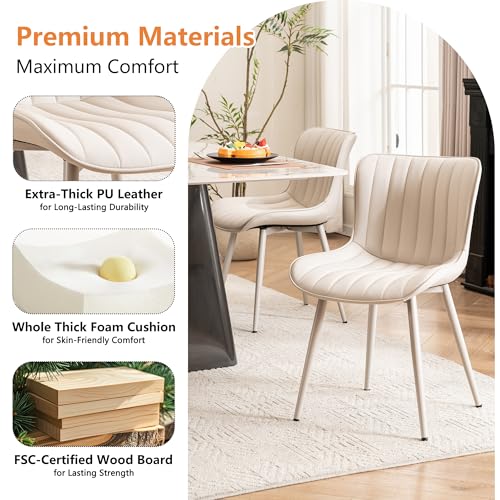 YOUNUOKE Dining Chairs Set of 2 Mid-Century Modern Kitchen Chairs Cream | Faux leather upholstered with Back, fits dining living waiting room guest reception. Waterproof easy to clean assemble, 300lb - color: All Cream