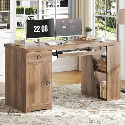HSH Office Desk with Drawers, Farmhouse Computer Desk with Keyboard Tray | 55 Inch Rustic Wood Work Study Writing Pc Executive Table Studio Desks Home Workstation with Storage Shelves and Cabinet - color: Rustic Oak
