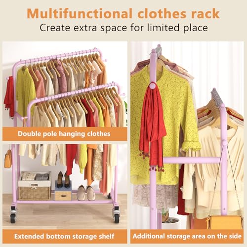 Laiensia Double Rods Garment Rack with Wheels, Clothing Rack for Hanging Clothes,4 Hooks, Multi-Functional Bedroom Clothes Rack, Pink - color: pink