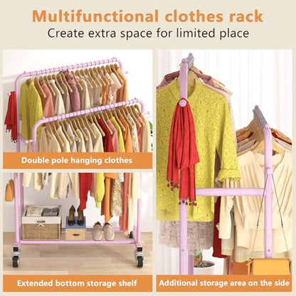 Laiensia Double Rods Garment Rack with Wheels, Clothing Rack for Hanging Clothes,4 Hooks, Multi-Functional Bedroom Clothes Rack, Pink - color: pink