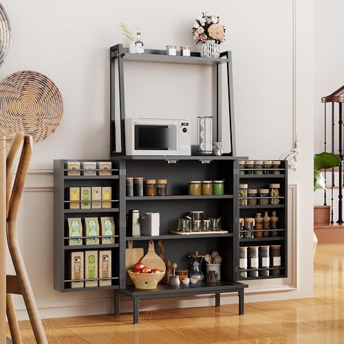 51" Pantry Cabinet, Kitchen Storage Cabinets with Storage Shelves, Modern Kitchen Hutch with Microwave Stand, Adjustable Shelves, Food Pantry Cabinet for Dining Room (Black) - color: A-51‘’ Black