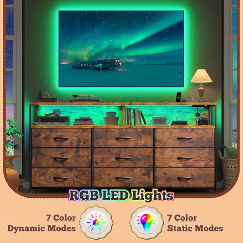 Romorgniz 55" W Dresser for Bedroom with 9 Drawers LED TV Stand with Power Outlets for 45, 55, 65 Inch TV Sturdy Long Chest of Drawers with Extra 2 Wooden Shelves Steel Frame Rustic Brown - color: Rustic Brown