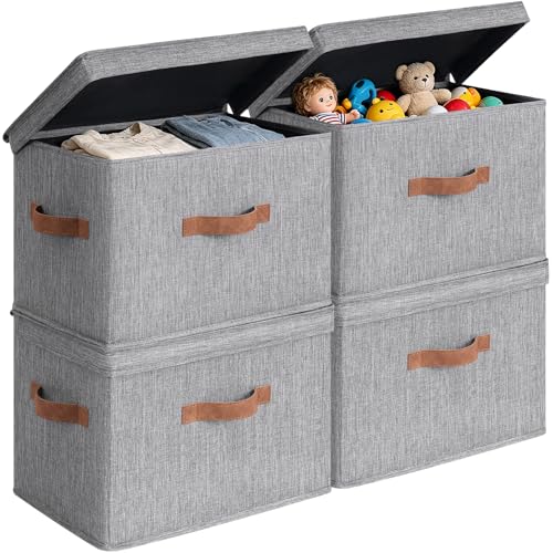 CHICVITA 4-Pack Medium Fabric Storage Bins with Lids for Closet,Grey | 15" x 9.8" x 10.2" Closet Storage Bins with Durable Support Plate, Toy Storage with Handles for Playroom - color: Grey, size: 20L (15"L x 9.8"W x 10.2"H)