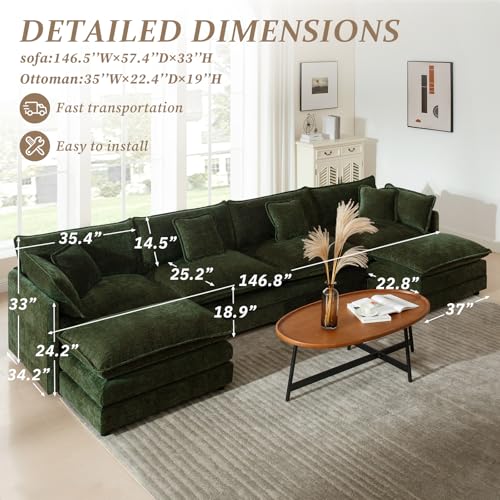137" Chenille U Shaped Modular Sofa with Ottoman,Green | Randomly Assemble Modular Sofa Sets, Modern Recliner Deep Seat Sofa Set for Living Room,Office - color: Green, size: 4S+2O