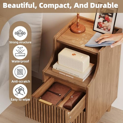 11.8" Narrow Fluted Nightstand Set of 2,Slim Side End Table with 2 Drawers,Mid-Century Modern Bedside Table,Skinny Night Stand for Bedroom, Small Space - color: Walnut