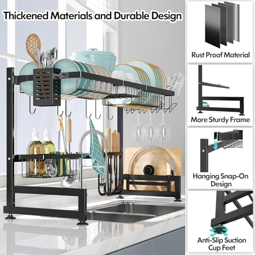 2 Tier Extra Large Stainless Steel Over The Sink Dish Drying Rack | Rust Proof Metal, Expandable Kitchen Sink Drainer, Counter Space Saving, Heavy Duty, Modern Black, Multifunctional Storage - color: Black, size: Over Sink 2 Tier