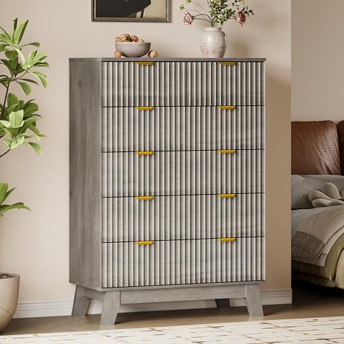 BORNOON 46" Tall Dresser for Bedroom, 6-Drawer Fluted Chest of Drawers, Modern Wood Highboy with Deep Storage, Metal Slides and Handles, Anti-Tip Kit, Vertical Clothes Organizer for Apartment, Nursery - color: Rustic Drift, size: Tall 6-Drawer
