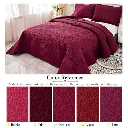 MarCielo 100% Cotton Quilt Set - 3-Piece Embroidered Farmhouse Bedspread & Shams, All-Season Breathable Bedding(Wine Burgundy,Queen (98" x 90")) - color: Wine Burgundy, size: Queen (98" x 90")