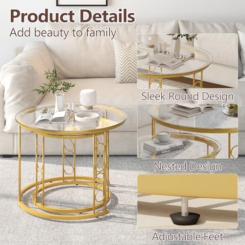 Nesting Coffee Table, 23.6" Round Coffee Table Set of 2, Glass Nesting Table with Metal Frame, Ceter Tables for Living Room Bedroom Balcony, Gold - color: Glass and Gold