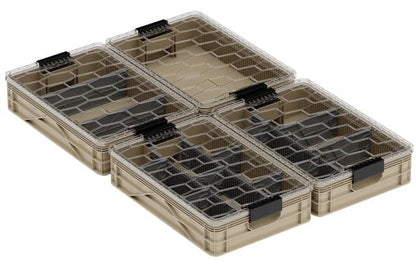 Quarter Crate 4-Pack Stackable Storage Bins, Tan | Polypropylene, 14 dividers included, 19.16x12.75x4.57 in, over 1000 lb stack, lids sold separately - color: Tan