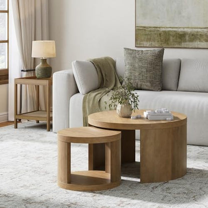 Nathan James Uchu Mid Century Modern 2-Piece Nesting Coffee Table, Round Wood Coffee Table with Storage, Light Brown