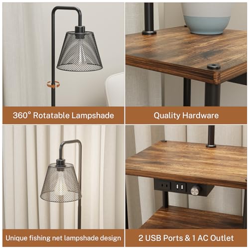 Floor Lamp with Table and Shelves, Side Table with USB Charging Port and Outlet, Modern Bedside Nightstand End Table with Lamp for Living Room, Bedroom, Guest Room, Bulb Included - color: Brown-1 Pair