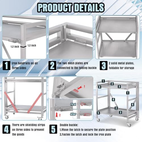 2 Shelf Rolling Cart with Wheels, 660lbs Capacity Collapsible Steel Rolling Utility Cart, Heavy-Duty Foldable Workbench, Metal Rolling Storage Cart with Handle for Groceries, Warehouse (36" Lx26 W) - color: Plate