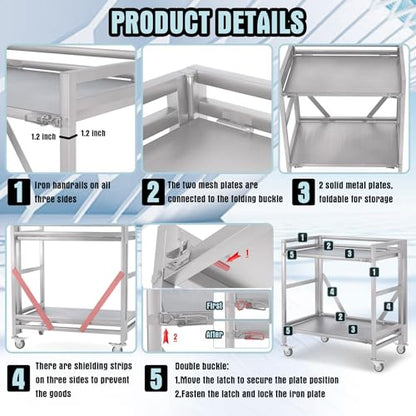 2 Shelf Rolling Cart with Wheels, 660lbs Capacity Collapsible Steel Rolling Utility Cart, Heavy-Duty Foldable Workbench, Metal Rolling Storage Cart with Handle for Groceries, Warehouse (36" Lx26 W) - color: Plate