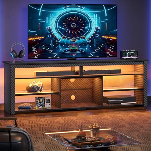 Bestier Modern LED TV Stand, 75" Gaming Media Console, Carbon Fiber Black - color: Black Carbon Fiber, size: 70 inch