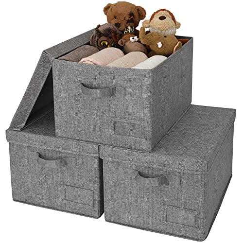 GRANNY SAYS Storage Bins with Lids, Decorative Storage Boxes with Lids | Storage Box with Dust Cover, Handles & Lable, Collapsible, Ideal for Closet Clothes Blanket Toys, Large, Dark Gray, 3-Pack - color: Dark Gray, size: Large
