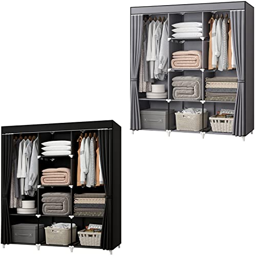 51 Inch Grey Portable Closet Bundle with 51 Inch Black Portable Wardrobe with 4 Hanging Rods, 16 Storage Organizer Shelves, Durable and Easy to Assemble