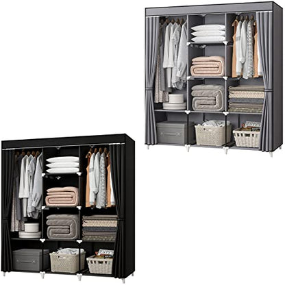 51 Inch Grey Portable Closet Bundle with 51 Inch Black Portable Wardrobe with 4 Hanging Rods, 16 Storage Organizer Shelves, Durable and Easy to Assemble