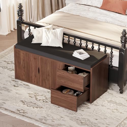 LVB 40” Entryway Bench with Padded Seat Cushion Shoe Bench with 2 Drawers | Wood Hidden Shoe Bench with 2 Drawers Cabinet, Industrial storage Bench for Foyer entrance Living Bedroom, Walnut Oak - color: Walnut Oak