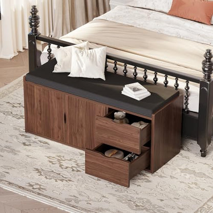 LVB 40” Entryway Bench with Padded Seat Cushion Shoe Bench with 2 Drawers | Wood Hidden Shoe Bench with 2 Drawers Cabinet, Industrial storage Bench for Foyer entrance Living Bedroom, Walnut Oak - color: Walnut Oak