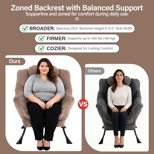 Lazy Chair with Ottoman, Velvet Reading Chair with Pillow，Black | Comfy Accent Lounge Chair with Pillow & folding Foot Stool, sturdy metal frame for bedroom, dorm or apartment, Living Room - color: Pure Khaki