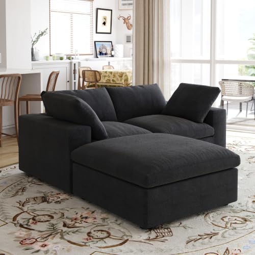79" Cloud Modular Sofa, Convertible Modular Loveseat Couch with Storage Ottoman, Cotton Linen Fabric Sofa for Living Room, Apartment and Bedroom, Removable Covers, 2 Pillows, Black - color: Black, size: LoveSeat+1 Ottoman