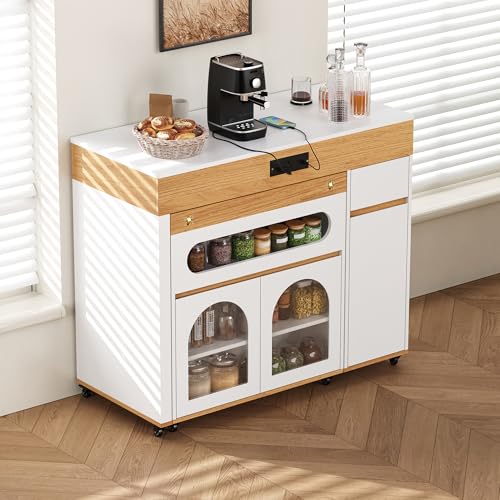 Extendable Dining Table with Extra-Long Folding Top, Rolling Kitchen Island with Storage Cabinet, Drawers & Brake Lock, Sturdy Mobile Cart for Kitchen, Dining Room & Open Spaces(Creamy White+Natural2) - color: Creamy White+natural2