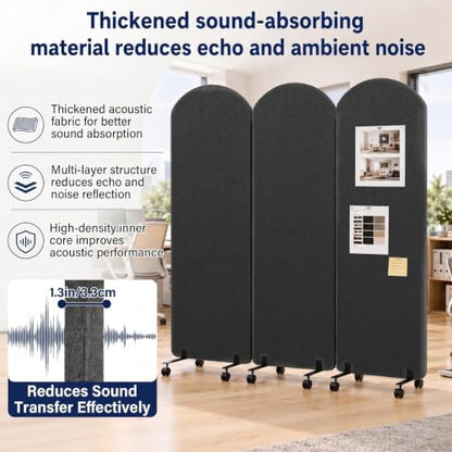 3-Panel Office wall Divider W/Wheels, 72 x 66 in Portable Partition wall | Office Dividers for Sound Proofing & Reducing, Freestandings Privacy Cubicle Temporary Wall with Whiteboards, pen, thumbtacks - color: Dark Gray